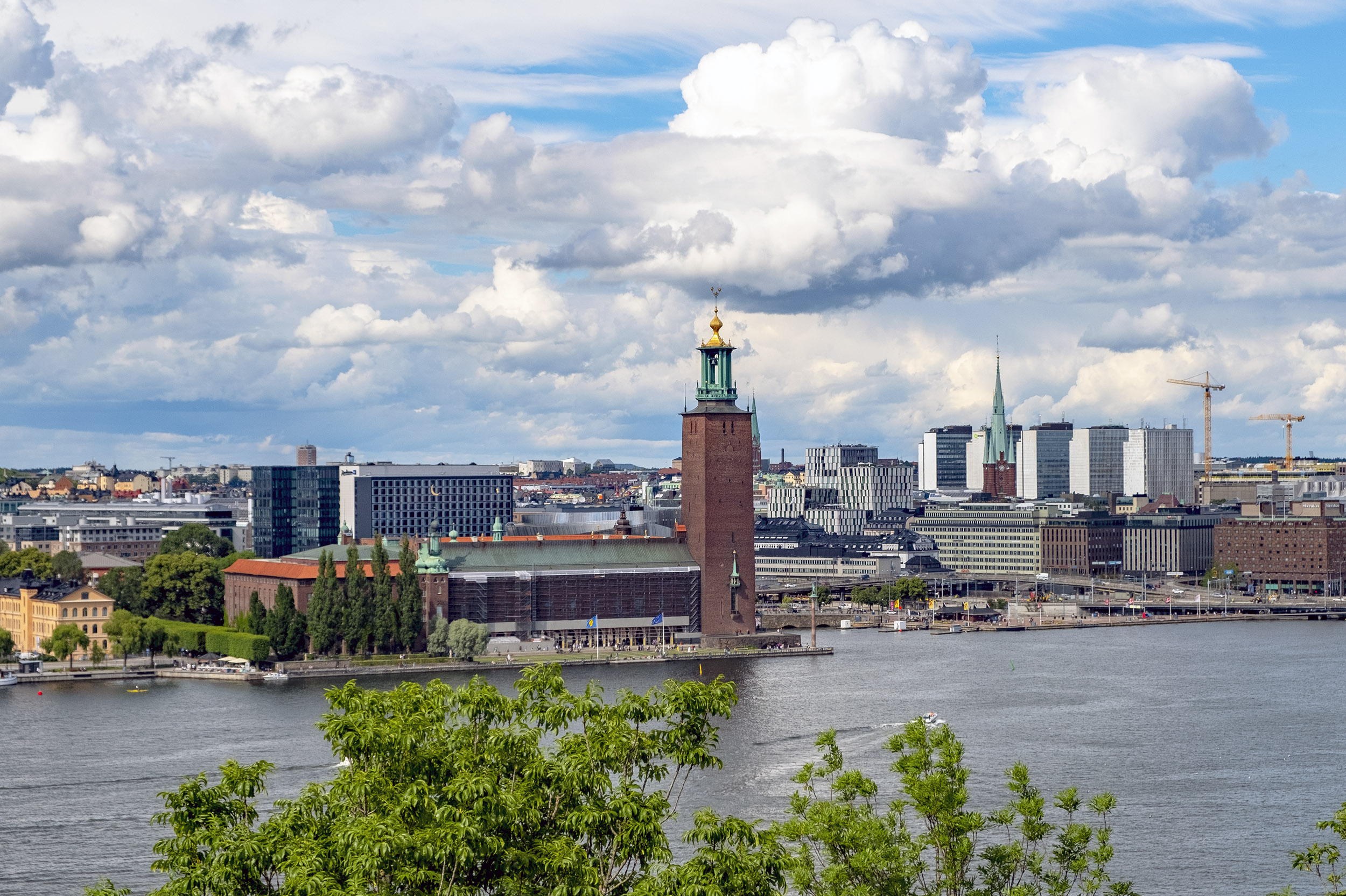 Utsikt över Stadshuset från Skinnarviksberget på Söder i Stockholm